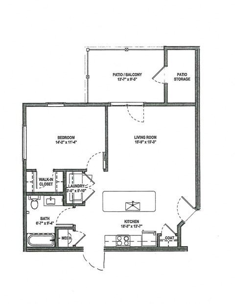 Floor plan for 1 bed, 1 bath, 738 sqft